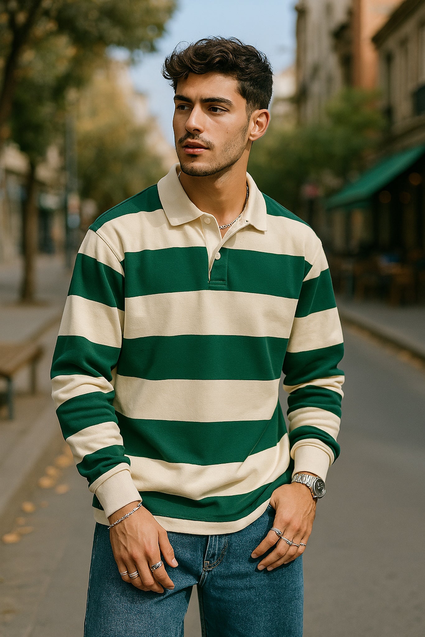 Polera rayas cuello de rugby verde